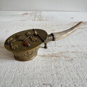 Vintage Brass Chinese Silk Iron with Nature Design, Gem Lid and Horn Handle